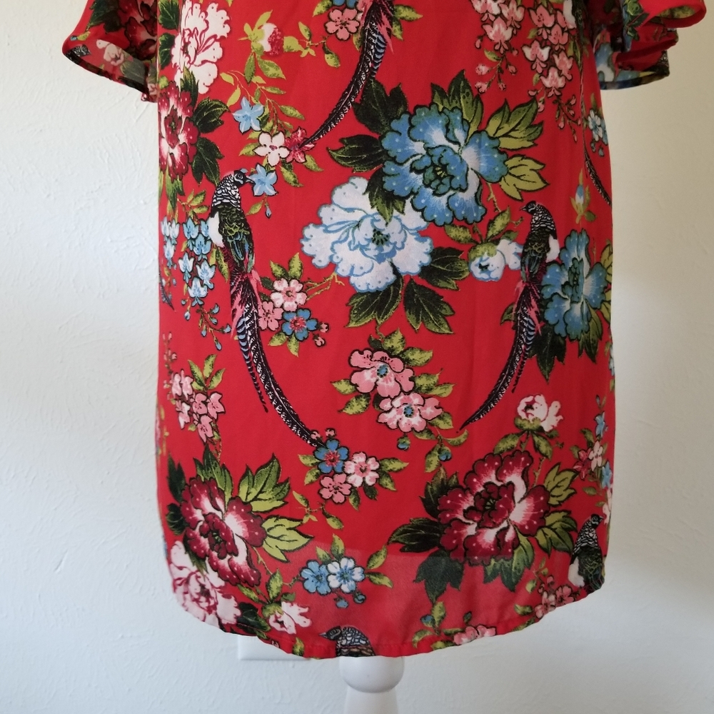 City Streets Red Floral Parrot Tropical Bell Dress - Picture 5 of 6